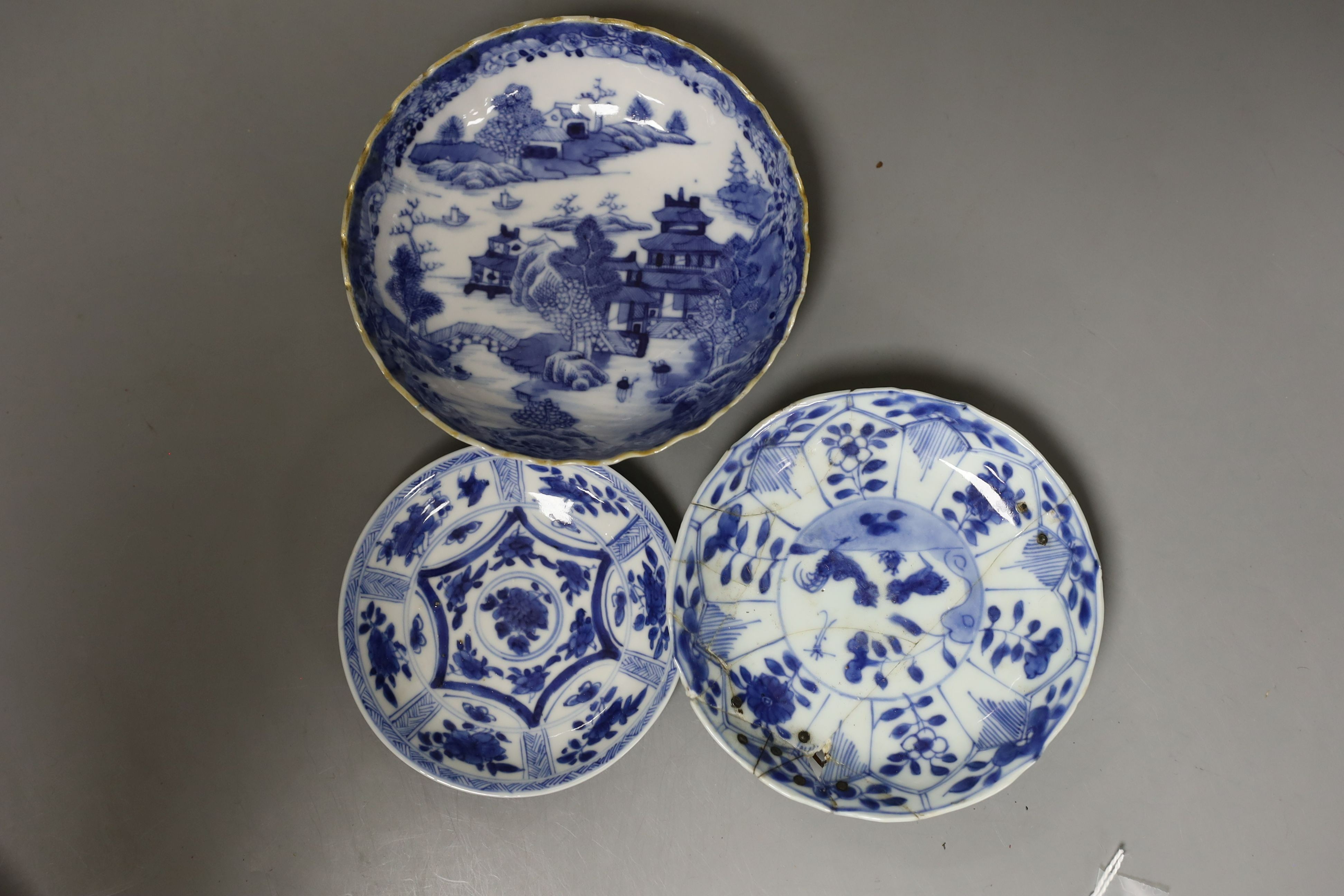 A collection of seven various 18th century and later Chinese tea and rice bowls and two saucers, a single large saucer (10)